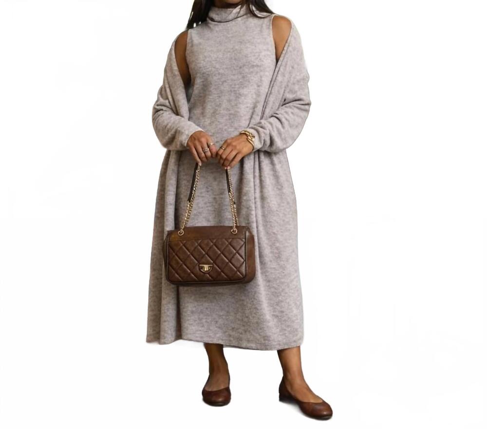 NEW DEAR SCARLETT soft spoken luxe midi dress with coat in heather brown